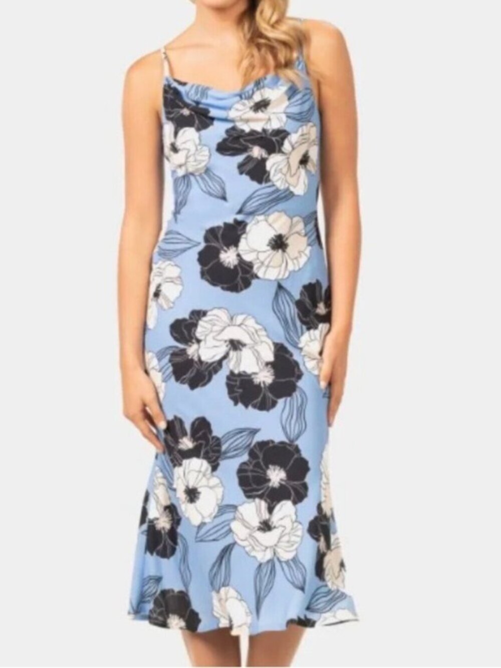 Dress the Population Kendall Sky Blue Floral Cowl-Neck Midi Dress NWT Medium